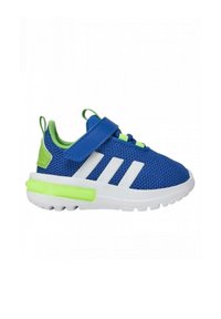 Zapatilla de deporte de malla azul con diseño de tres rayas blancas, acentos verdes y una correa de Velcro. Cuenta con una suela blanca acolchada y una parte superior texturizada.