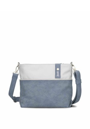 Bolso bandolera con correa ajustable, diseño bicolor en gris claro y azul, bolsillo delantero y cierre de cremallera.