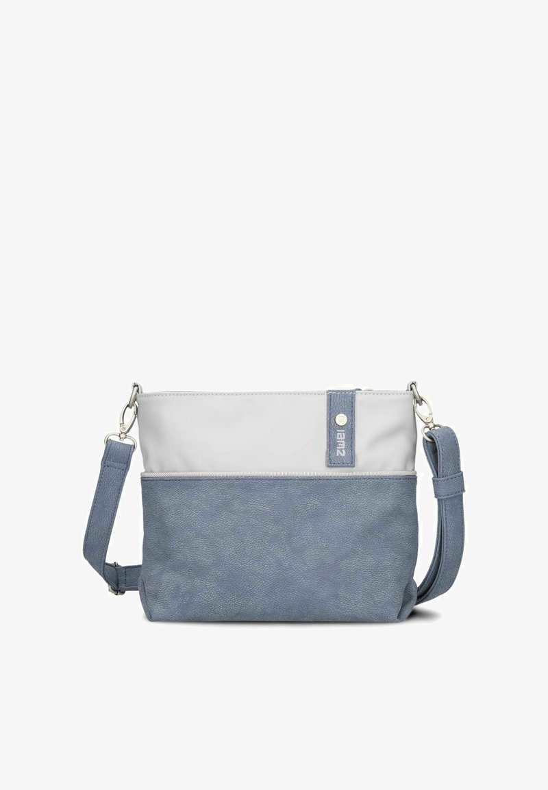 Borsa a tracolla con tracolla regolabile, design bicolore grigio chiaro e blu, tasca frontale e chiusura con cerniera.