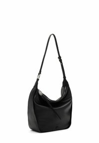Borsa hobo nera in pelle con una texture liscia, tracolla singola regolabile, zip silver e un logo sottile impresso sul davanti.