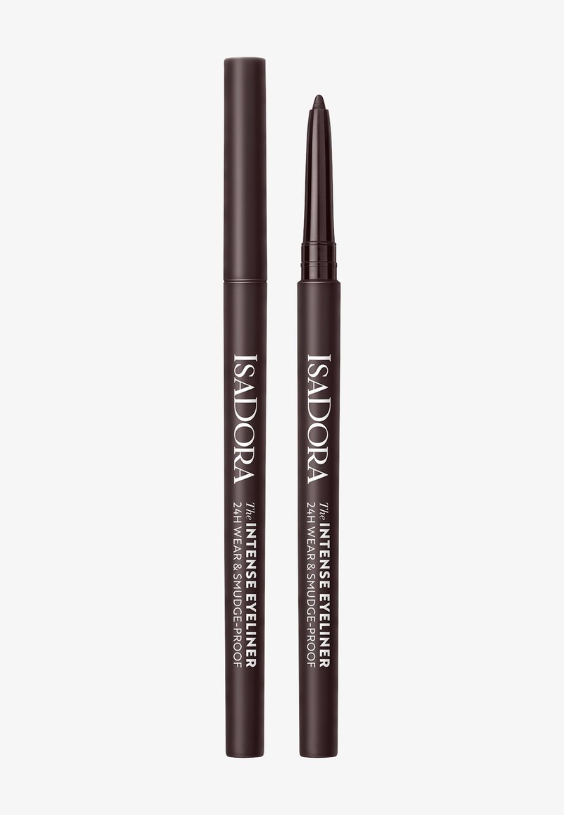 Mørkebrun retraktabel eyelinerblyant oghættepåsat eyelinerblyant mærket "Isadora Intense Eyeliner 24H wear & smudge-proof" på hvid baggrund.