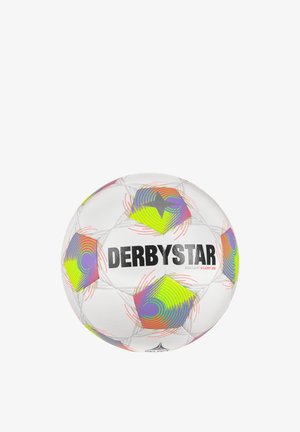 Pallone da calcio bianco con motivi geometrici colorati e la parola "DERBYSTAR" stampata in lettere nere in grassetto.
