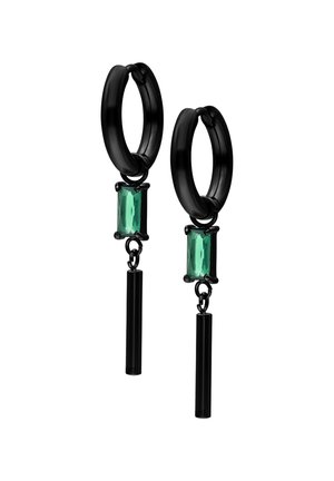 Black hoop earrings featuring a green rectangular gemstone and two long, black dangling accents attached by small chains.
