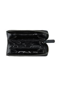 Black patent leather wallet with a zip closure, featuring multiple card slots, compartments, and a patterned interior design.
