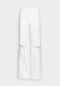 Pantaloni in denim bianco a gamba larga con tagli distesi alle ginocchia, cinque tasche e chiusura con bottone classico. Vestibilità rilassata e texture morbida.