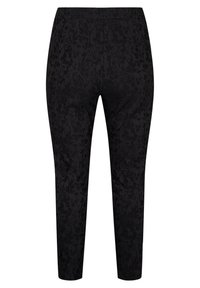 Svarta blommiga byxor med slim fit, elastisk midja och mjuk textur. Inga synliga fickor eller stängningar.