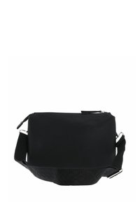 Sac en bandoulière en cuir noir avec une surface texturée, fermeture éclair et une sangle ajustable ornée d'un accent à motif.