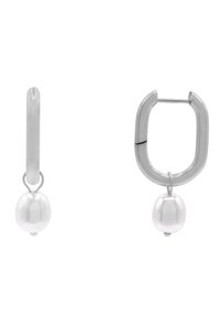 Boucles d'oreilles en argent avec des accents de perles ; l'une présente un design à barre verticale, tandis que l'autre a une forme arrondie avec une perle pendante.