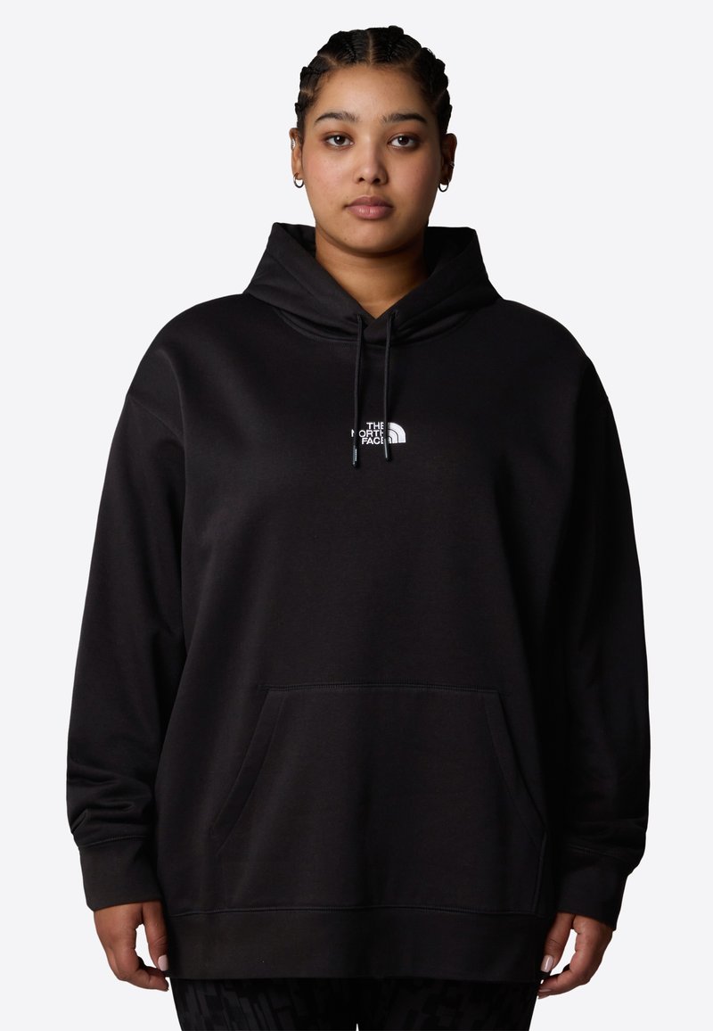 Hoodie noir en tissu doux, avec une poche avant et des cordons de serrage ajustables sur la capuche. Logo blanc affiché sur la poitrine.
