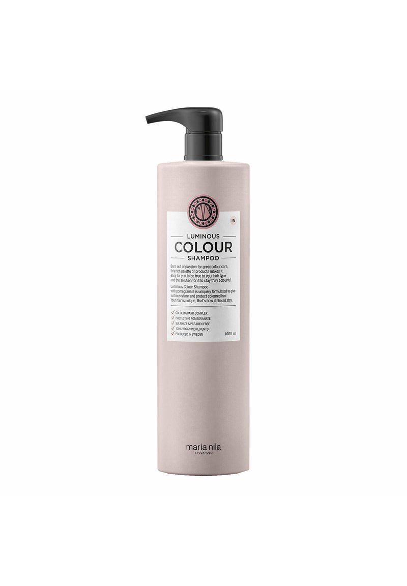 Roze, matte plastic fles Luminous Colour Shampoo met pompdispenser; witte label met merknaam en belangrijke ingrediënten; 1000 ml.
