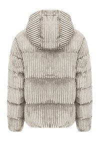 Beżowa kurtka puchowa z kapturem z materiału sztruksowego, z poziomą i pionową strukturą prążków na plecach i rękawach.