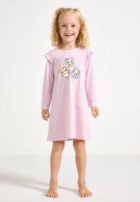 Pink long-sleeve nightgown features ruffled sleeves and a print of three cartoon cats with stars and hearts. Soft cotton material.