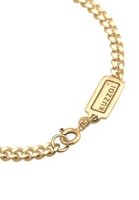 Gold-colored chain bracelet featuring interlocking links, a lobster clasp, and a rectangular tag engraved with "Kuzzoí." Smooth texture throughout.