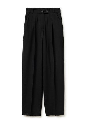 Schwarze, hoch taillierte, maßgeschneiderte Hose mit vorderen Falten, Seitentaschen und Doppelknopfverschluss am Bund.