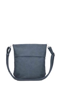 Borsa a tracolla blu in pelle con tracolla regolabile e dettagli a cucitura verticale, esposta su uno sfondo bianco.