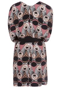 Abito corto caratterizzato da un motivo geometrico colorato con tonalità di rosa, marrone e nero. Ha una vita cintrata e maniche fluide.