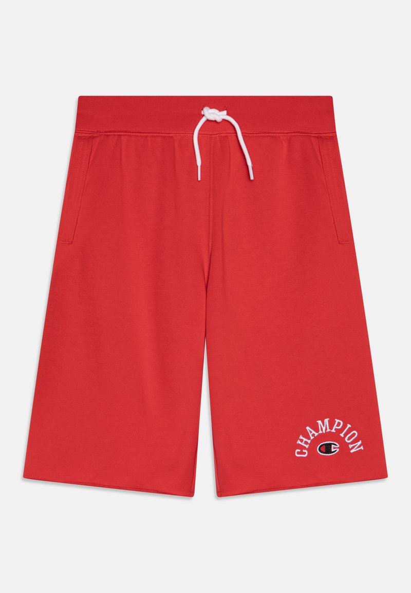 Rote Baumwoll-Sportshorts mit elastischem Bund und weißer Kordel, auf der unteren linken Seite mit dem weißen "Champion"-Logo bestickt.