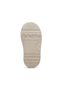 Suola della scarpa in gomma bianco sporco con scanalature testurizzate, dotata di tacco arrotondato e logo "Falcotto" impresso vicino al centro.