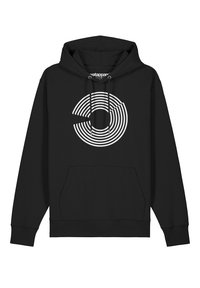 Zwarte hoodie met een voorzak en verstelbare trekkoorden. Heeft een groot wit cirkelvormig lijnontwerp op de borst.