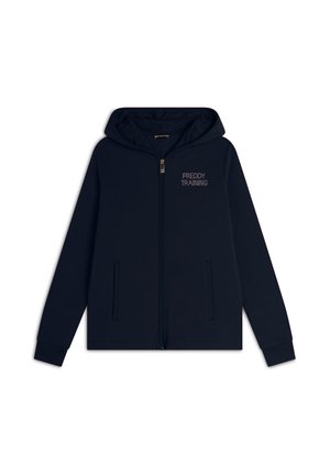 Felpa con zip colore navy, con cappuccio foderato, tasche frontali e la scritta "FREDDY TRAINING" sul petto. Tessuto morbido con una texture liscia.