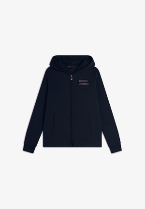 Hauts à zip bleu marine avec capuche doublée, poches avant et texte "FREDDY TRAINING" sur la poitrine. Tissu doux avec une texture lisse.