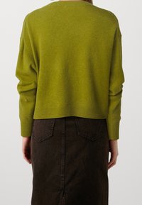 Persona vestida con un suéter de manga larga verde oliva y una falda de talle alto marrón oscuro, vista desde la parte posterior contra un fondo sencillo.