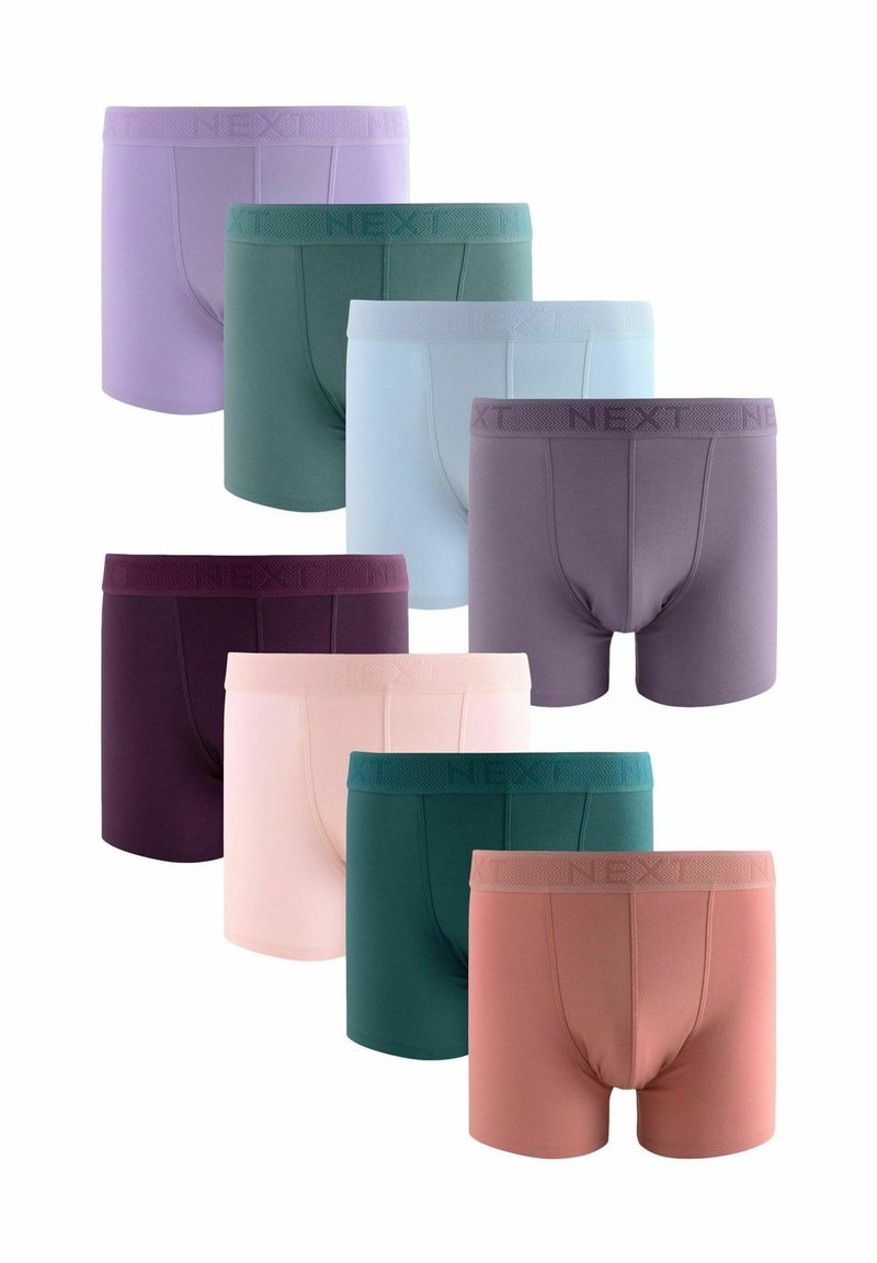 Pachet de opt perechi de boxeri pentru bărbați în culori variate: mov, teal, albastru deschis, mov închis, roz, verde și rugină. Material moale, talie elastică.
