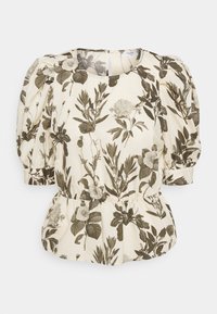 Blusa floreale in crema con stampe botaniche verdi, dotata di maniche a sbuffo e orlo arricciato per una vestibilità rilassata. Tessuto leggero.