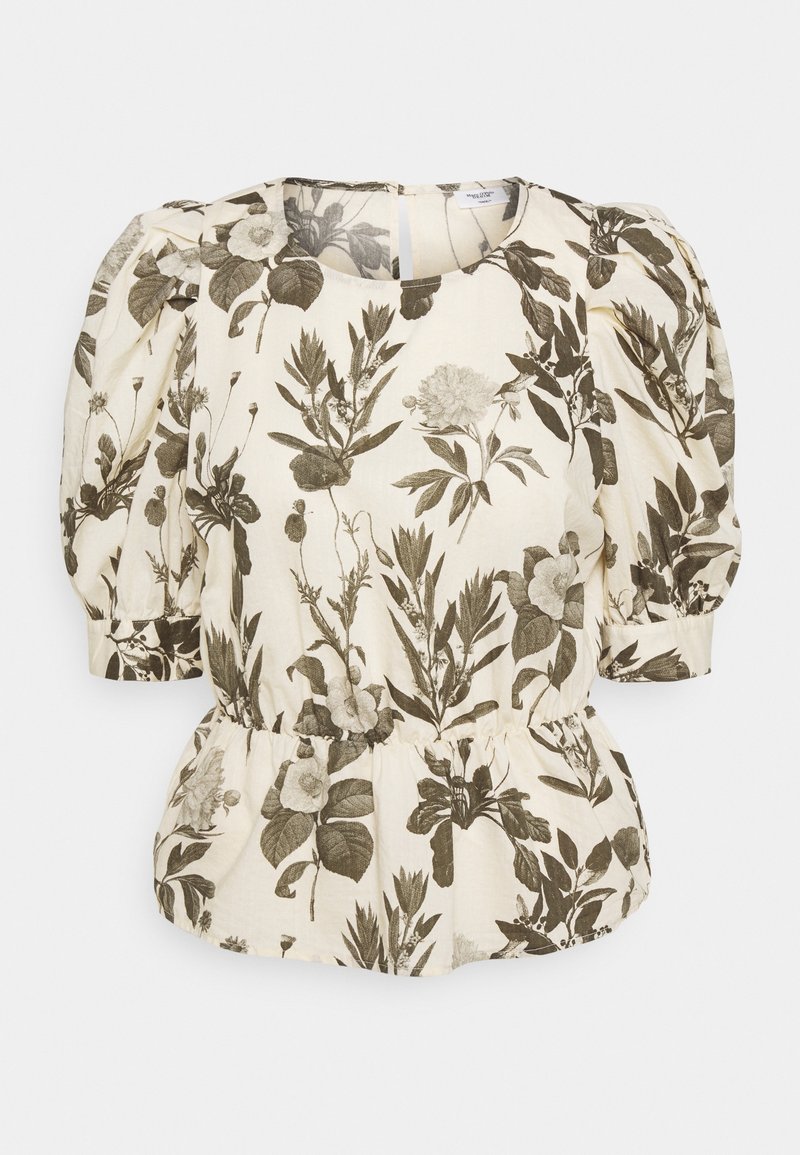 Blusa floreale in crema con stampe botaniche verdi, dotata di maniche a sbuffo e orlo arricciato per una vestibilità rilassata. Tessuto leggero.