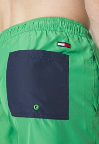 Costumi da bagno verdi con una tasca posteriore blu navy, dotati di una grommet verde e un piccolo logo del marchio rosso, bianco e blu sopra la tasca.