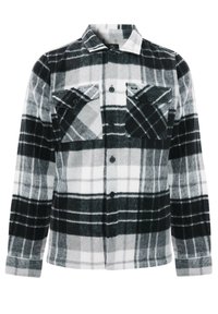 Camicia in flanella a motivi a quadri neri, bianchi e grigi, con chiusura frontale a bottoni, due tasche sul petto e colletto classico. Texture morbida.