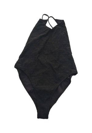 Costume intero nero con sottili spalline e sottile motivo testuale in rilievo sul tessuto.