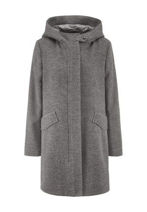 Grauer Wollmantel mit Kapuze, ausgestattet mit einem vorderen Druckknopfverschluss, zwei offenen Seitentaschen und einem strukturierten Stoff. Einfaches, gerade geschnittenes Design.