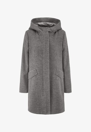 Grauer Wollmantel mit Kapuze, ausgestattet mit einem vorderen Druckknopfverschluss, zwei offenen Seitentaschen und einem strukturierten Stoff. Einfaches, gerade geschnittenes Design.