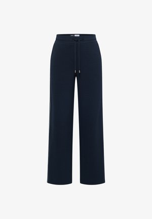 Marineblauwe sweatpants met brede pijpen van een zachte stof, met een elastische tailleband met een trekkoord en metalen aglets. Geen zichtbare zakken.