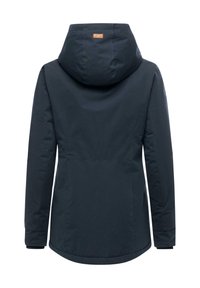 Navy blue waterproof jacket with a hood, featuring a smooth texture, subtle stitching details, and a small logo patch on the back.