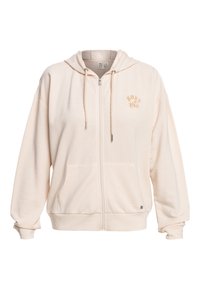 Felpa crema con zip, cordino e due tasche frontali. Presenta un piccolo logo ricamato in arancione chiaro sul lato sinistro del petto.
