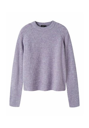 Pull en maille côtelée violet clair à manches longues et col rond, présenté sur fond blanc.