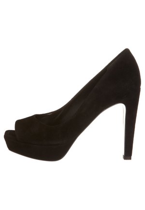 Black suede high heel shoe with a peep toe design,  glossy silver stiletto heel, and a platform front for added support.