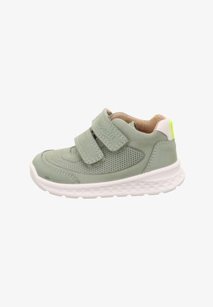 Light green children's shoe made of leather with mesh panels, two Velcro straps, white rubber sole, and a small neon accent on the heel.
