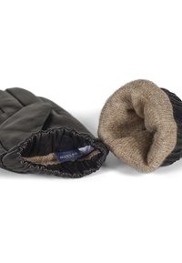 Guanti in pelle nera con un interno foderato in lana color tan. I polsini sono elasticizzati e un'etichetta con la scritta "HOWARD" è visibile.