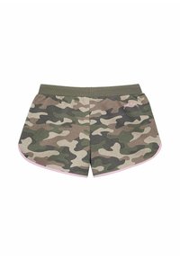 Spodenki w kamuflażu w odcieniach zieleni i brązu, z kontrastowym różowym wykończeniem. Miękka tkanina, elastyczny pas i metka na górnej części pleców.