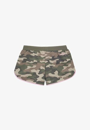 Spodenki w kamuflażu w odcieniach zieleni i brązu, z kontrastowym różowym wykończeniem. Miękka tkanina, elastyczny pas i metka na górnej części pleców.