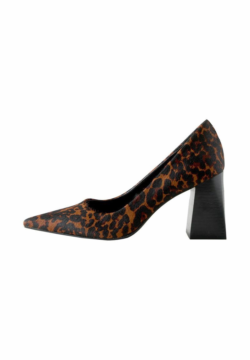 Cipele s visokom potpeticom s uzorkom leoparda, šiljastog vrha, teksturirane površine nalik kosi i debelom crnom petom. Elegantan dizajn u zemljanim tonovima.