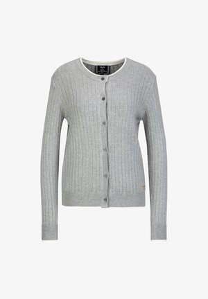 Grijze geribde cardigan gemaakt van zachte brei-stof. Heeft een ronde halslijn, knoopsluiting en contrasterende witte afwerking langs de halslijn.