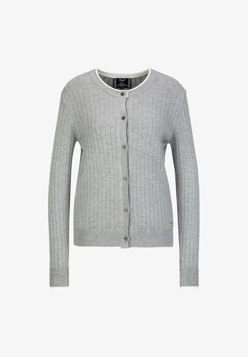 Grau gerippter Cardigan aus weichem Strickstoff. Verfügt über einen runden Halsausschnitt, eine Knopfverschluss und einen kontrastierenden weißen Saum entlang des Halsausschnitts.