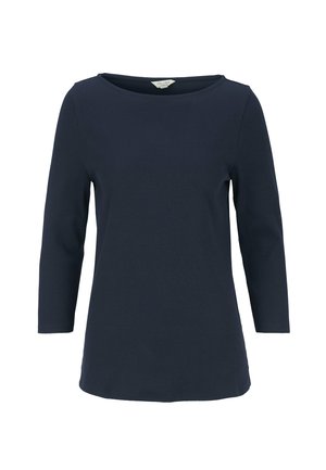 Marinblå, långärmad damtröja med rund halsringning och en något figursydd silhuett.