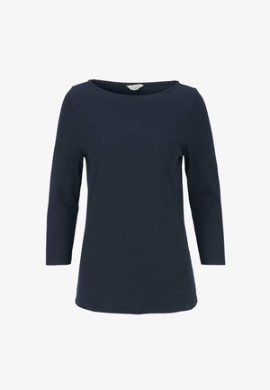 Dunkelblaues, langärmeliges Damenoberteil mit rundem Ausschnitt und einer leicht taillierten Silhouette.