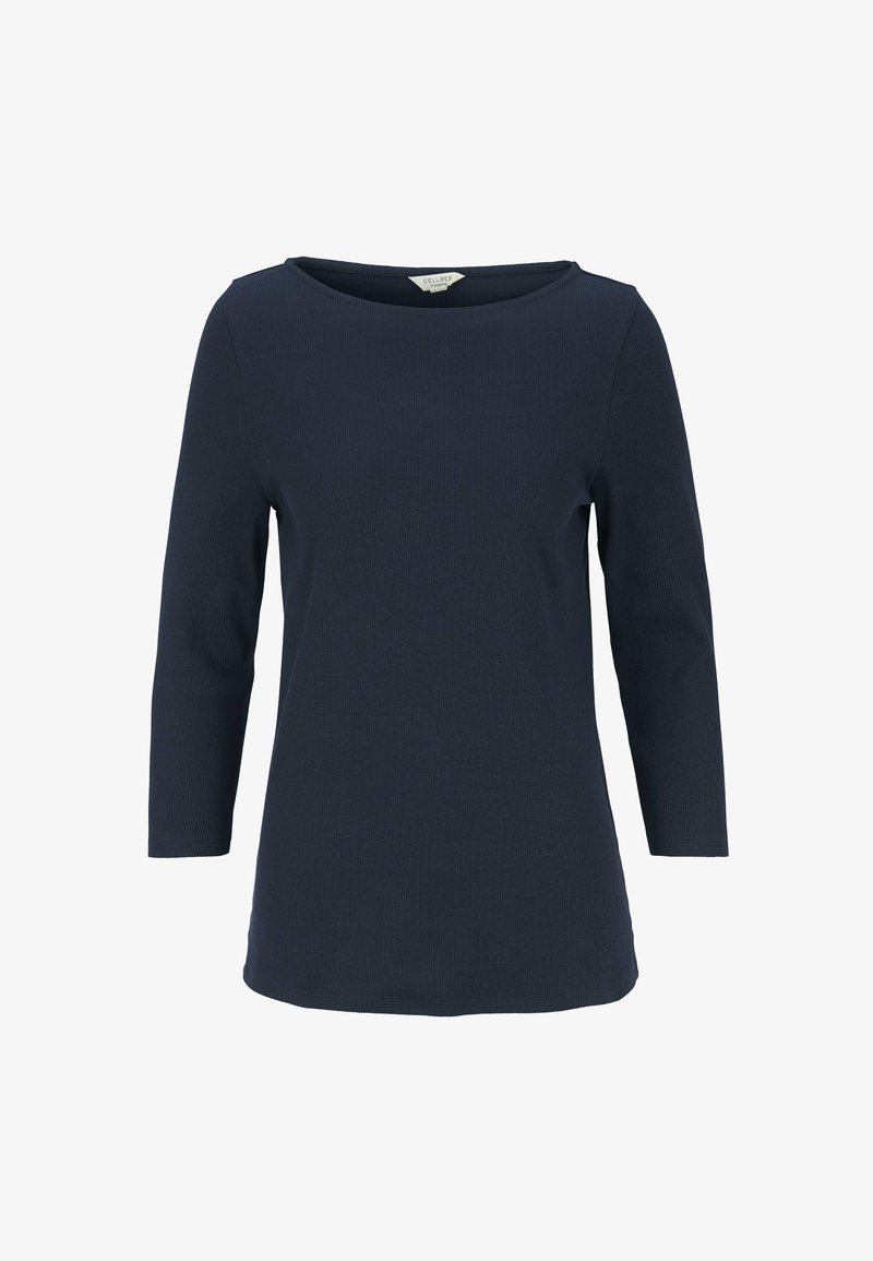 Dunkelblaues, langärmeliges Damenoberteil mit rundem Ausschnitt und einer leicht taillierten Silhouette.