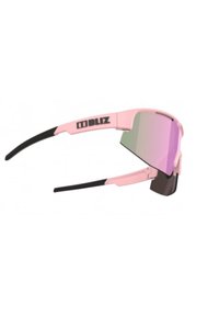 Rosa Sportsonnenbrille mit einem flexiblen schwarzen Rahmen, großen verspiegelten Gläsern und auffälliger Markenpräsentation am Bügel. Elegantes Design in einer umschließenden Form.
